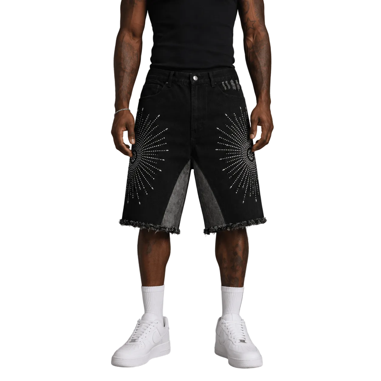 Iron Halo” Rhinestone Denim Shorts