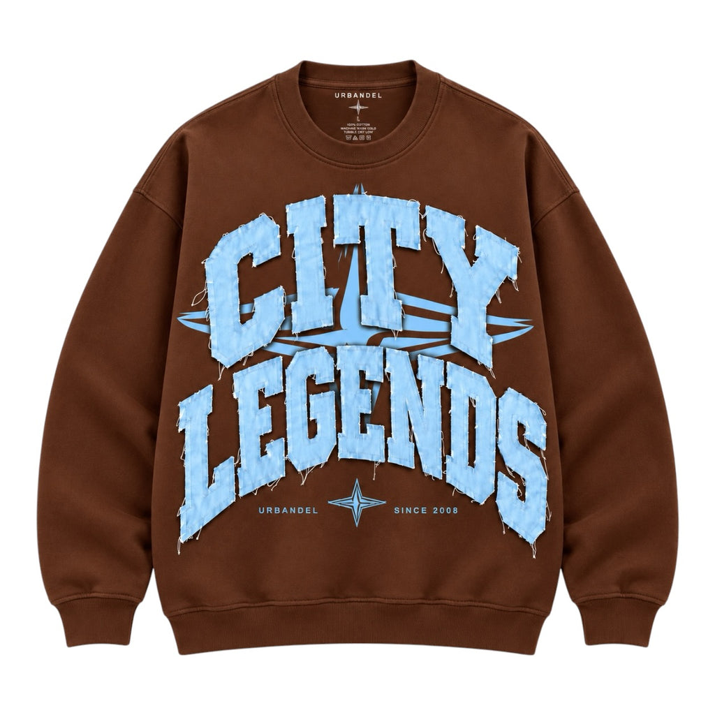 City Legends Denim Appliqué Crewneck – Brown