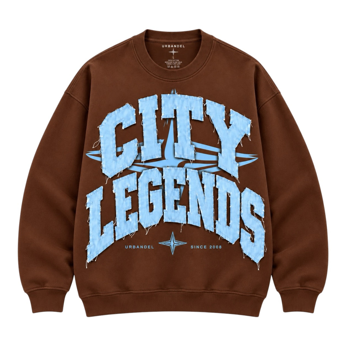 City Legends Denim Appliqué Crewneck – Brown