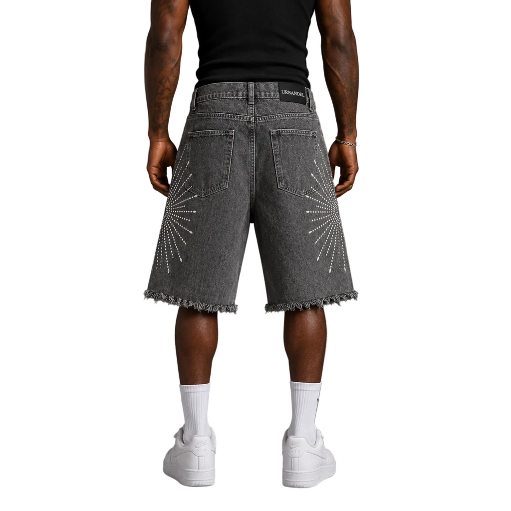 Iron Burst” Distressed Denim Shorts