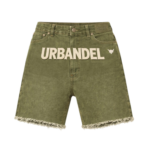 Olive Racing Division” Distressed Denim Shorts
