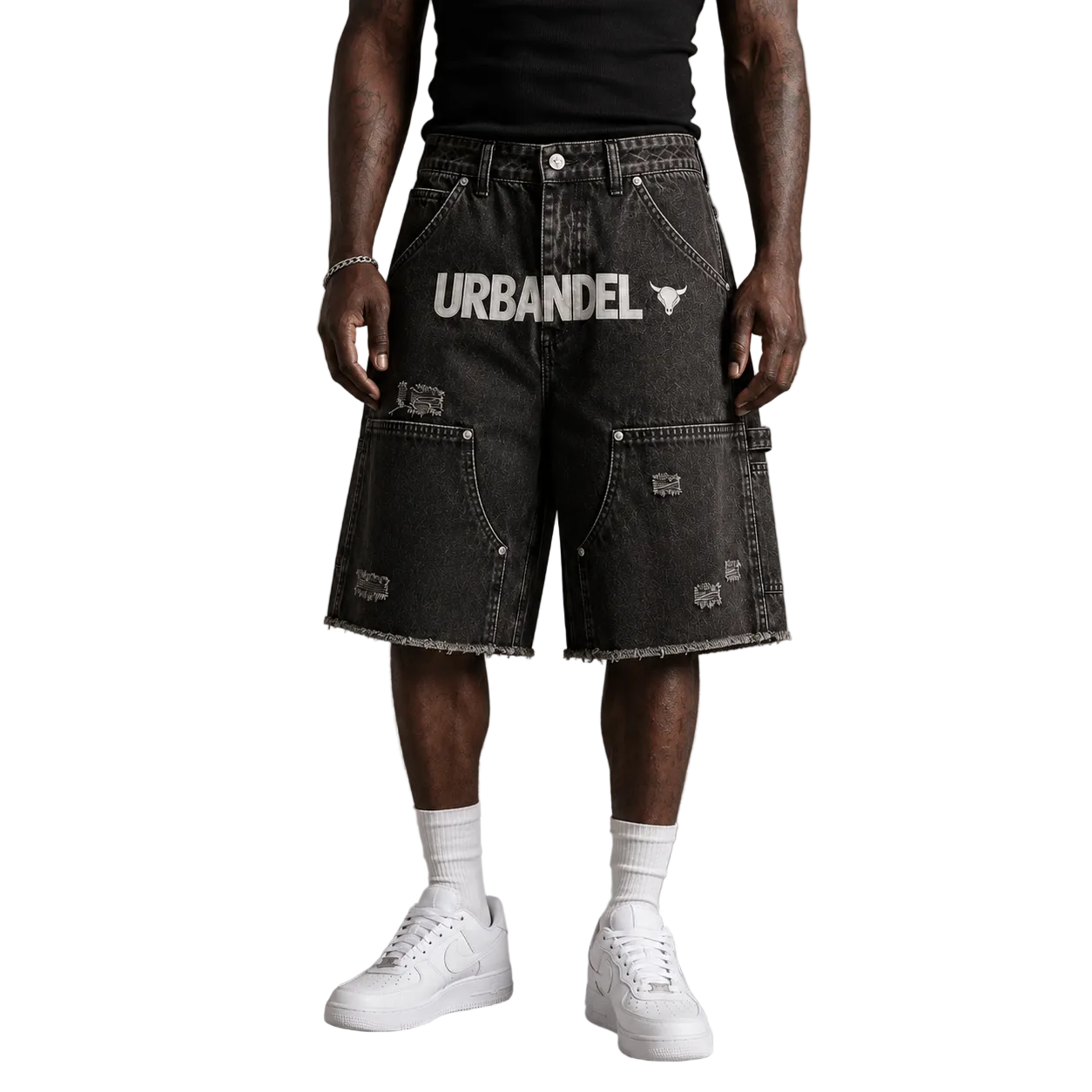 Olive Racing Division” Distressed Denim Shorts
