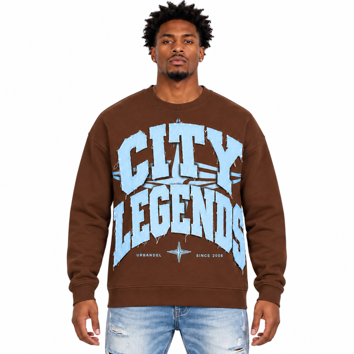 City Legends Denim Appliqué Crewneck – Brown