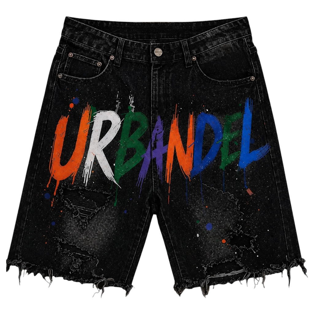 Paint Riot” Distressed Denim Shorts