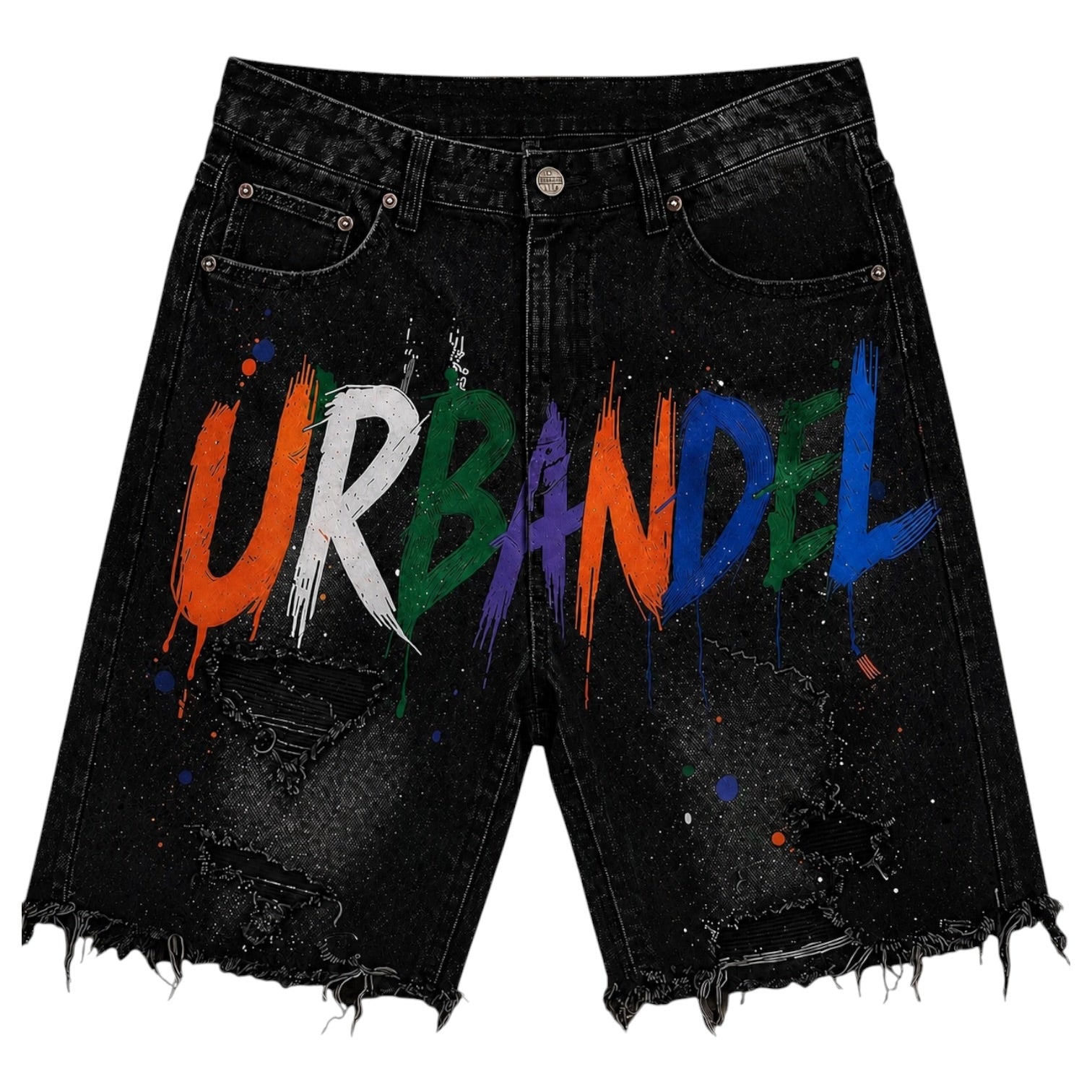 Paint Riot” Distressed Denim Shorts