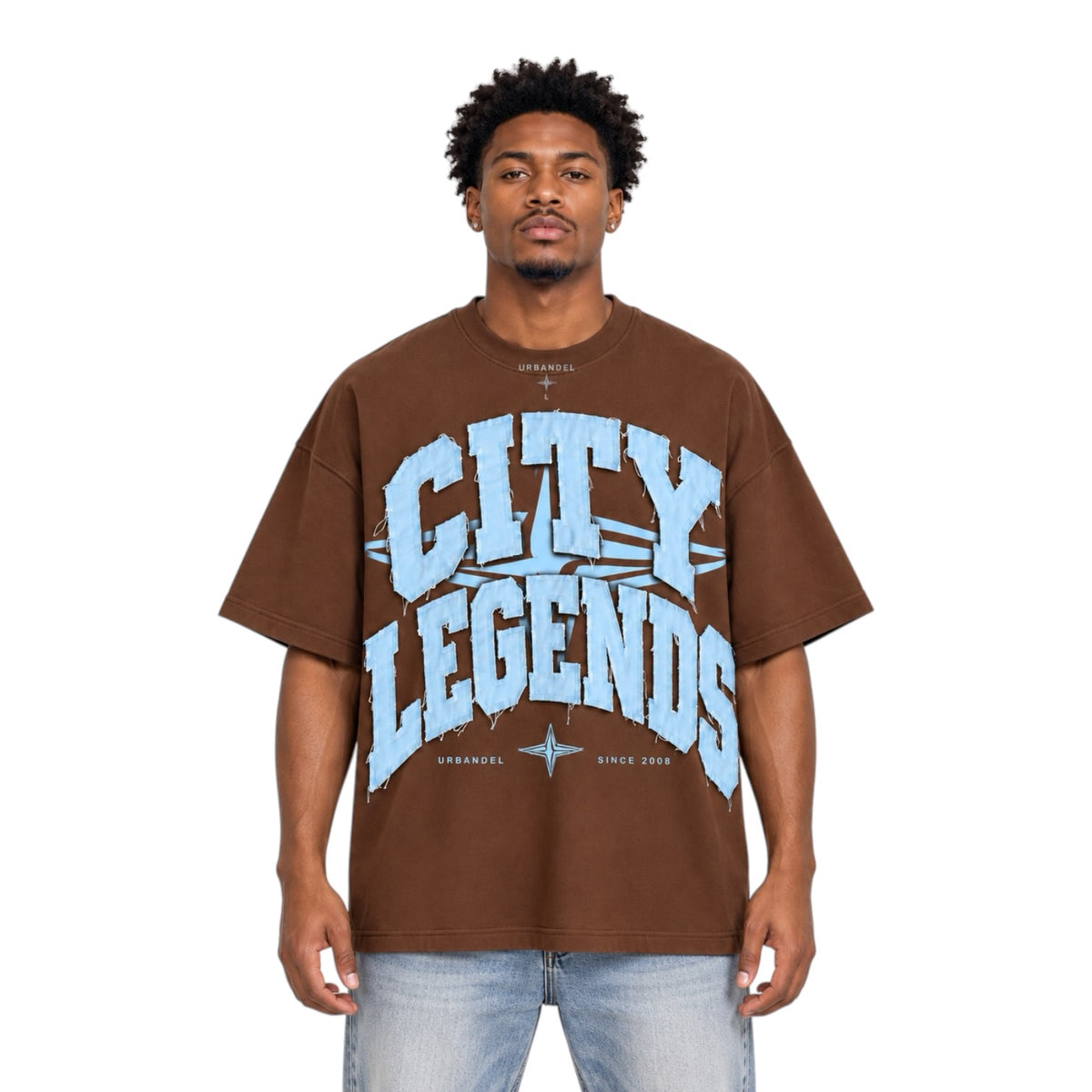 City Legends Denim Appliqué Tee – Chocolate Brown