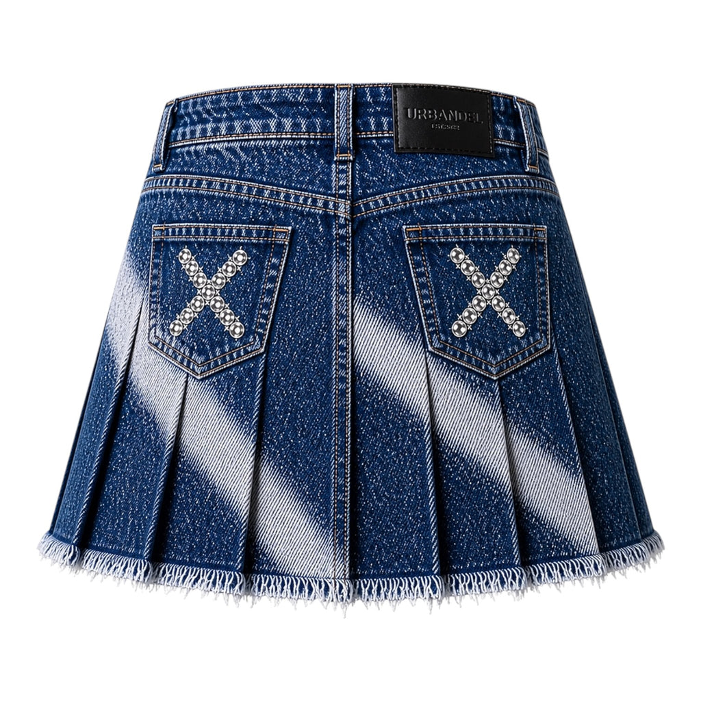 Crystal Drift” Pleated Denim Skirt
