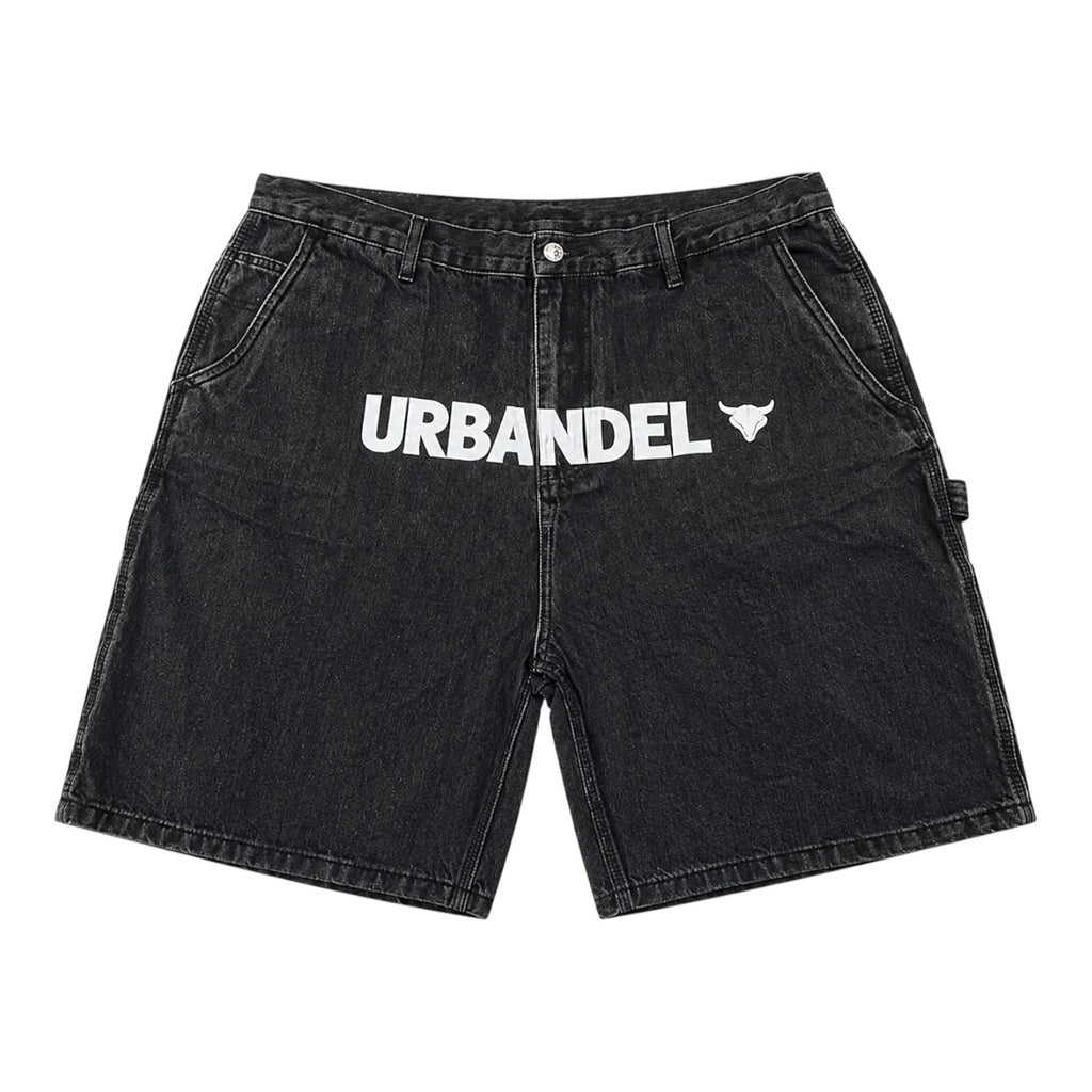 Racing Division” Distressed Denim Shorts