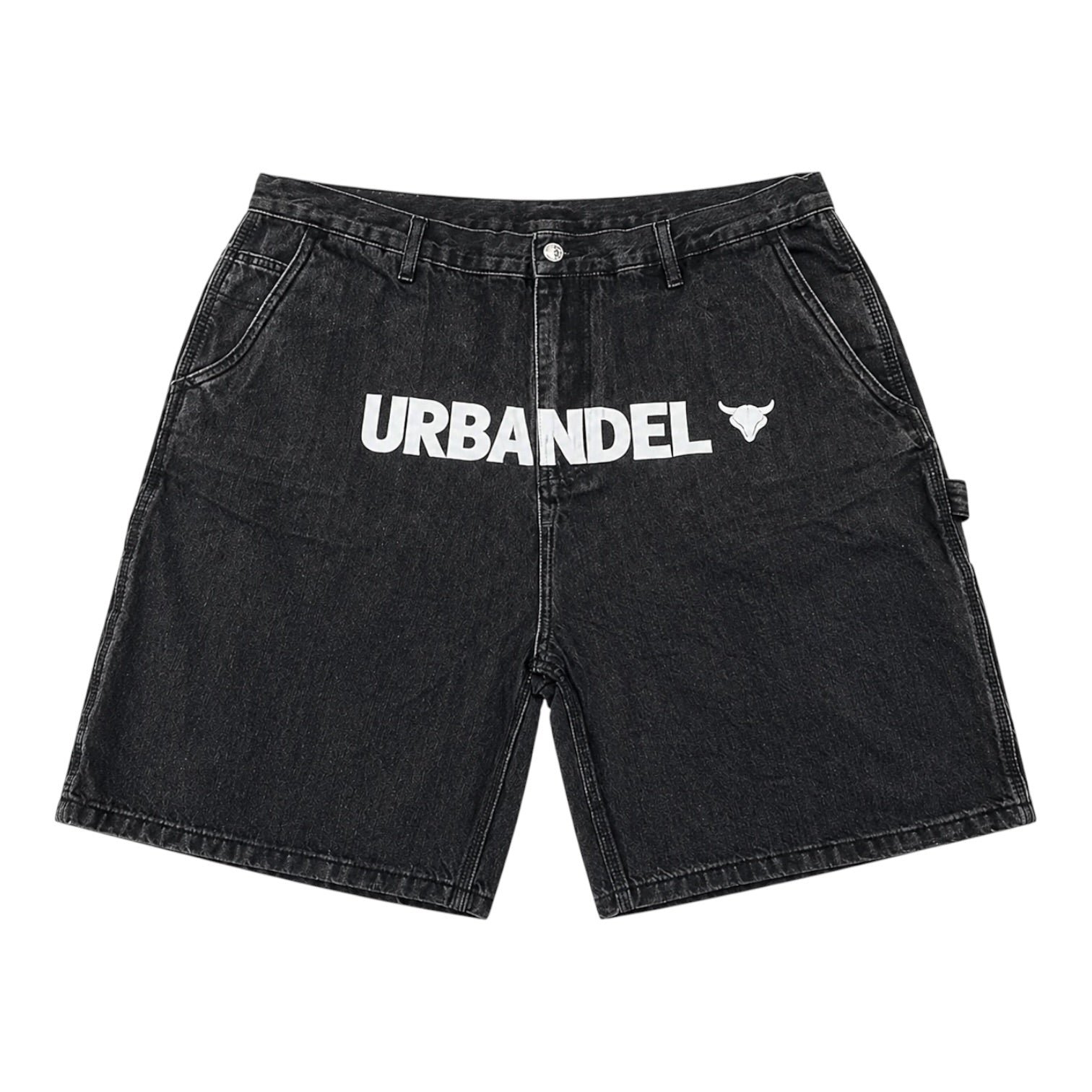 Racing Division” Distressed Denim Shorts