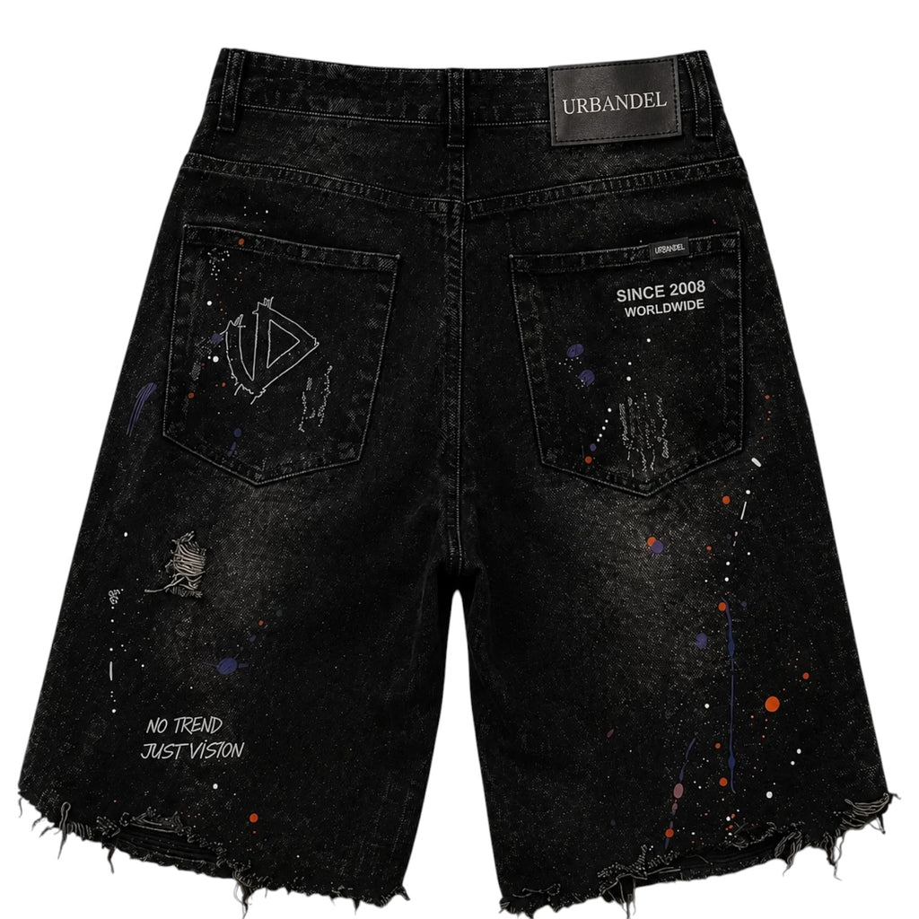 Paint Riot” Distressed Denim Shorts