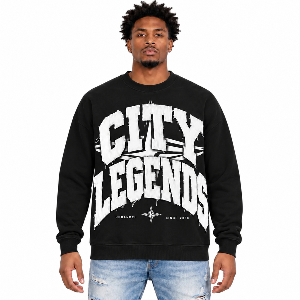City Legends Denim Appliqué Crewneck – Black