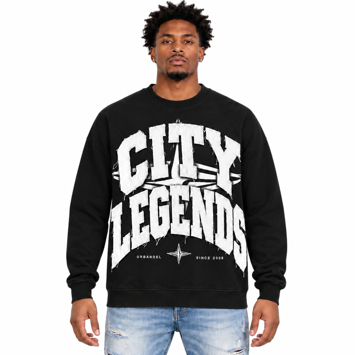 City Legends Denim Appliqué Crewneck – Black