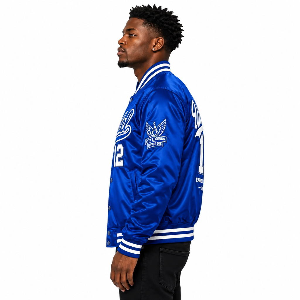 City Legends Satin Varsity Jacket – Royal Blue