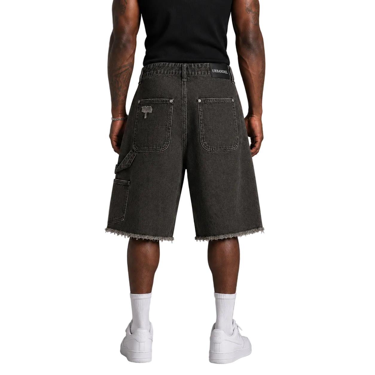 Olive Racing Division” Distressed Denim Shorts