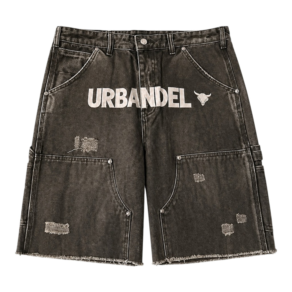 Olive Racing Division” Distressed Denim Shorts