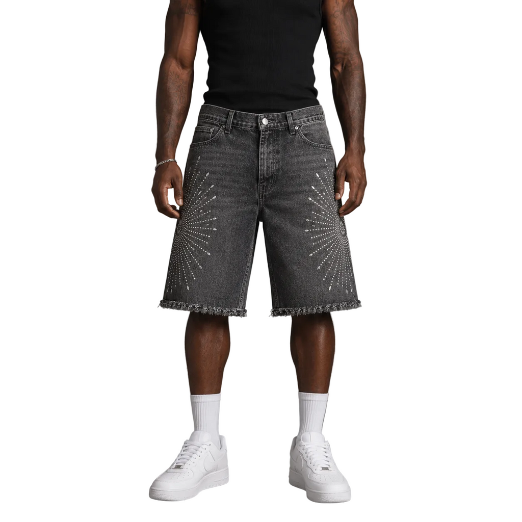 Iron Burst” Distressed Denim Shorts