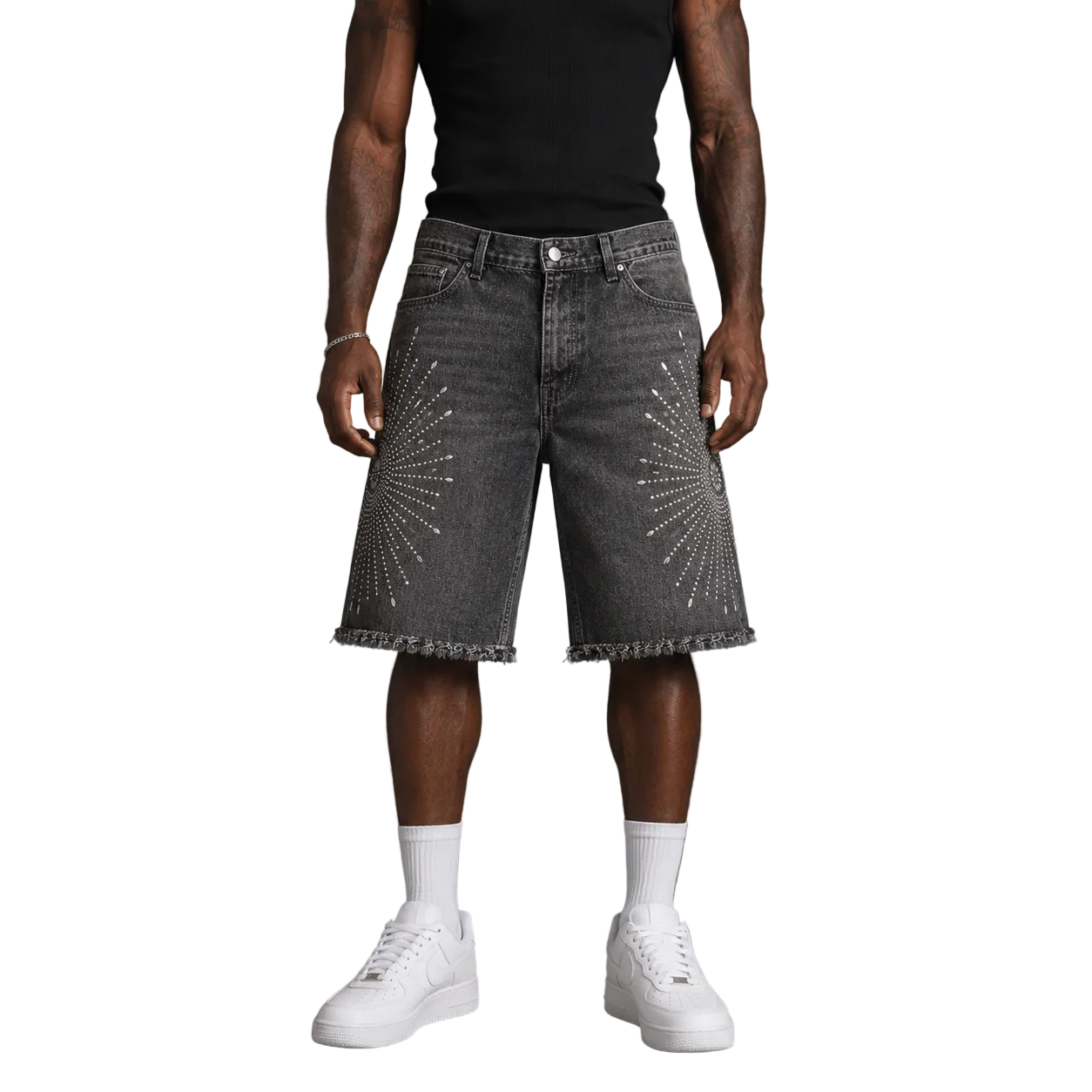 Iron Burst” Distressed Denim Shorts