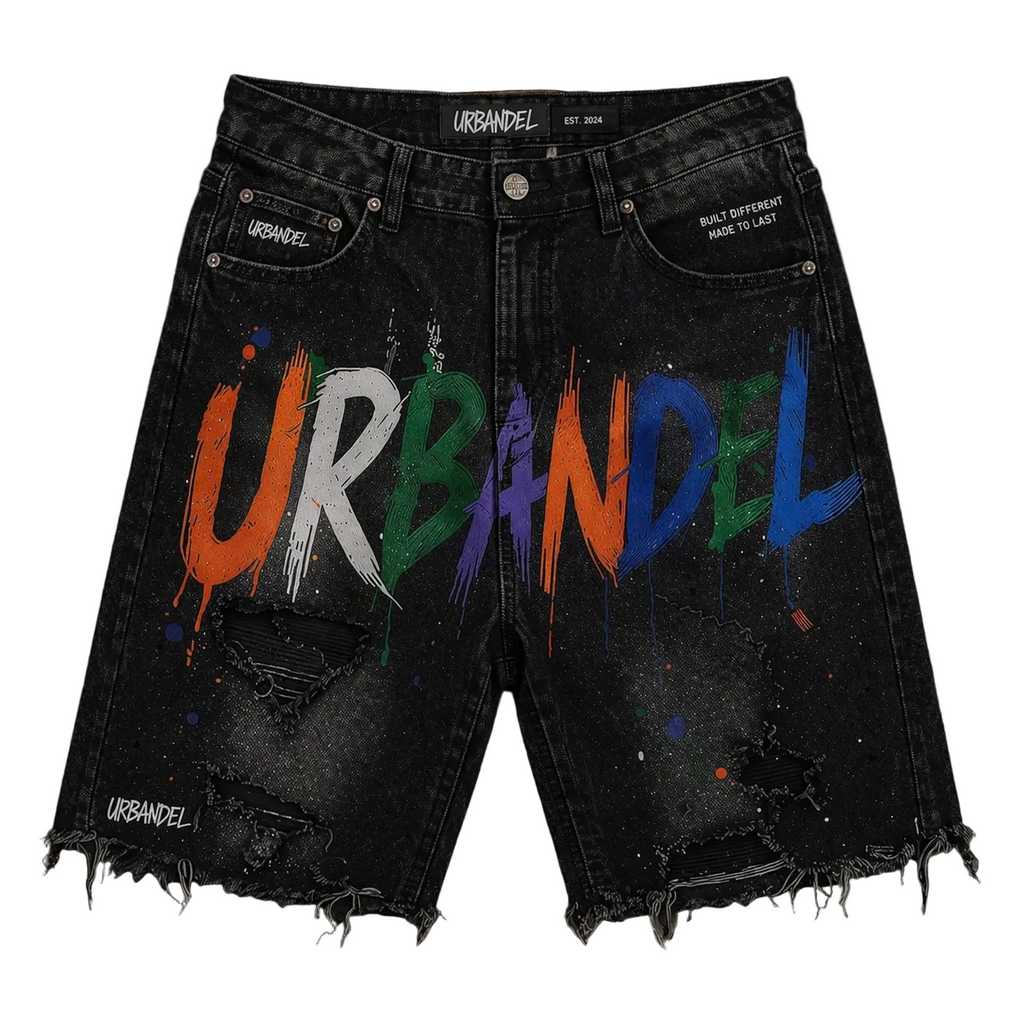 Paint Riot” Distressed Denim Shorts