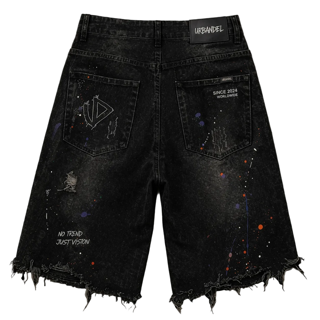 Paint Riot” Distressed Denim Shorts