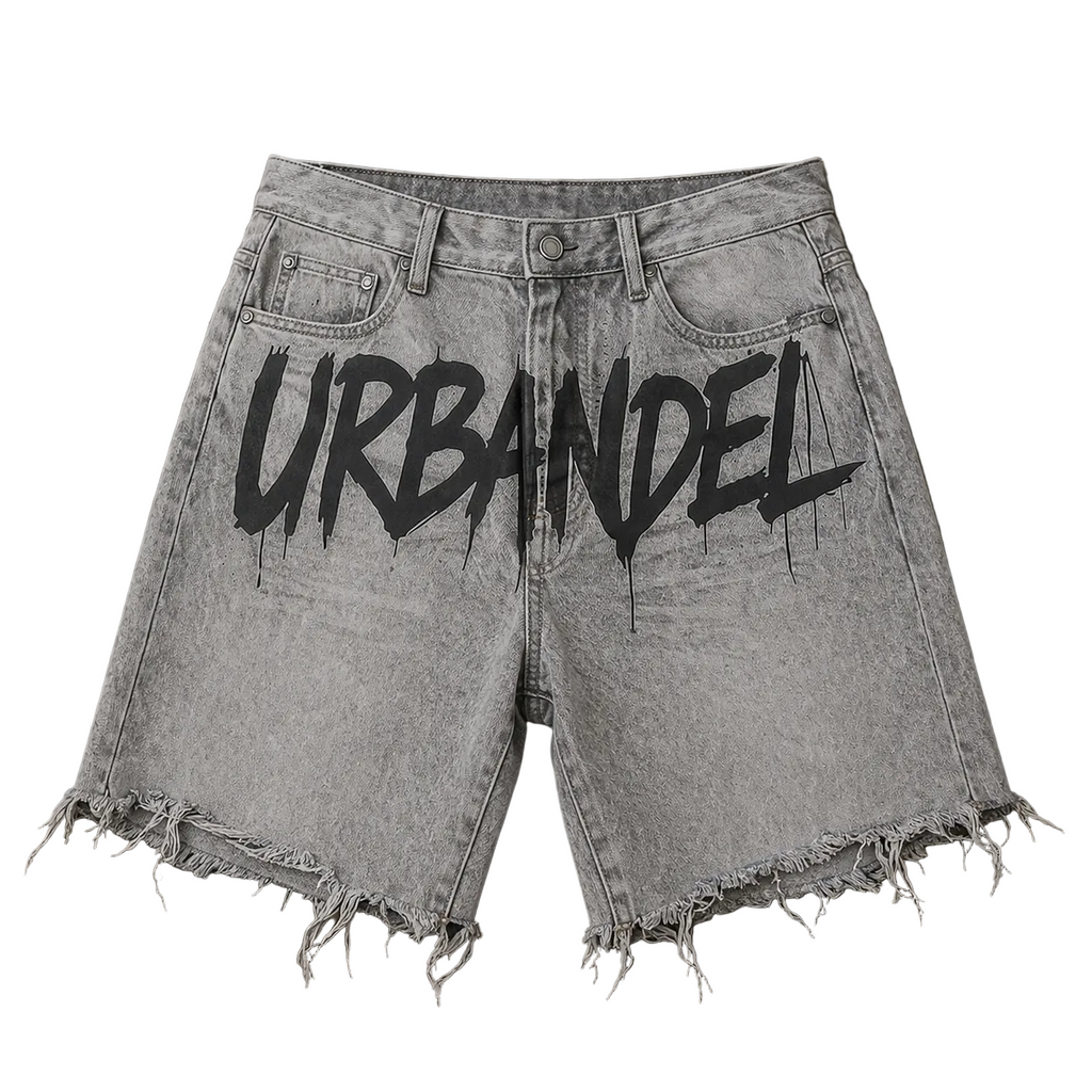Concrete Drip” Distressed Denim Shorts