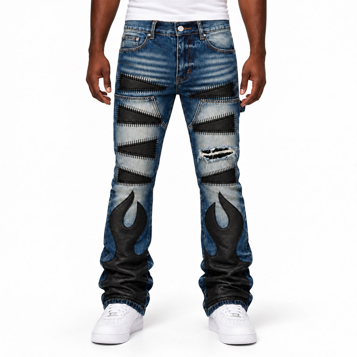 Black Flame Leather Patch Stacked Denim – Vintage Blue