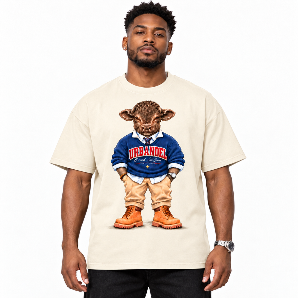 A man wearing a cream-colored t-shirt with a graphic of a cartoon sheep dressed in a blue sweater that says 'URBANDEL'. The background is solid white.