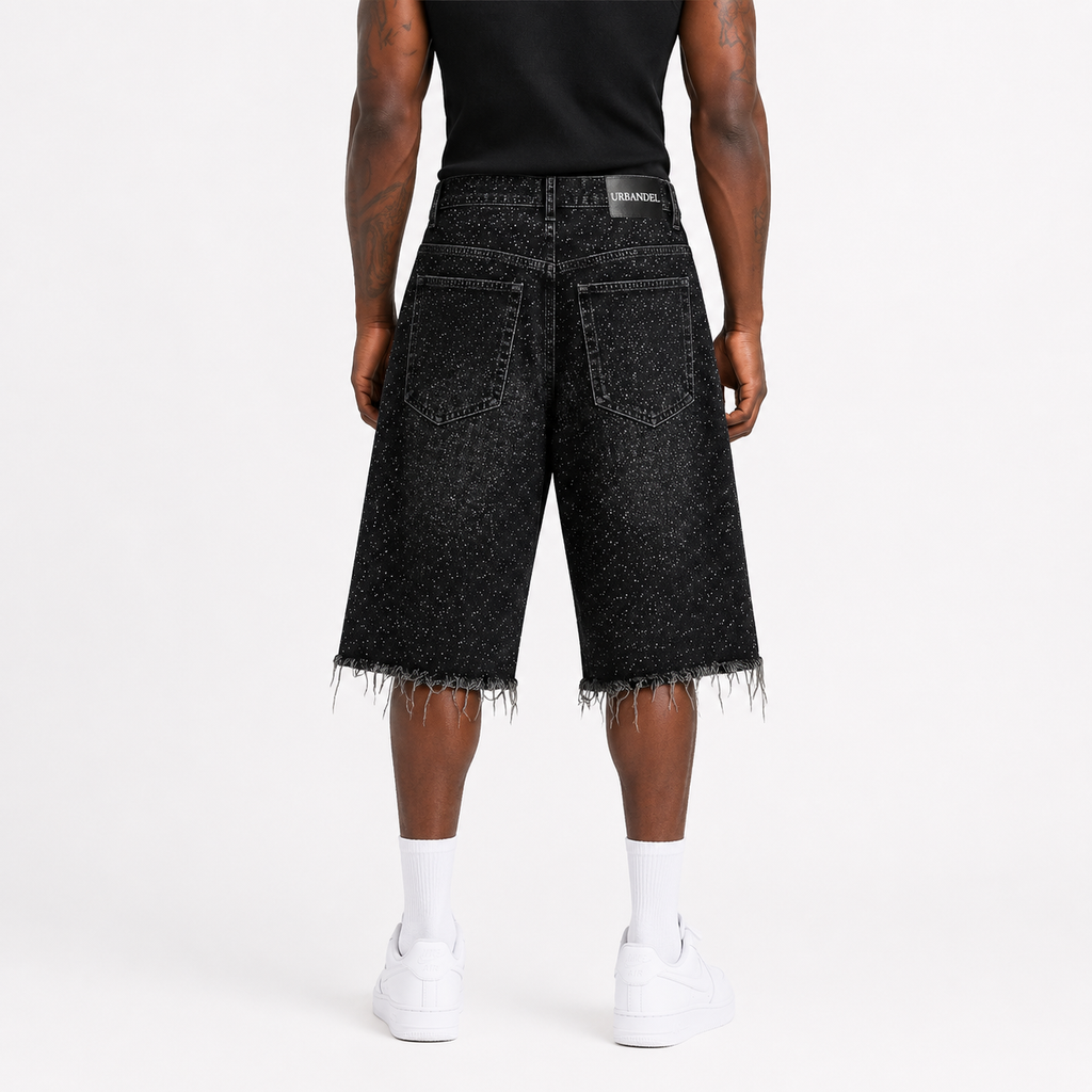 Midnight Speckle” Distressed Denim Shorts