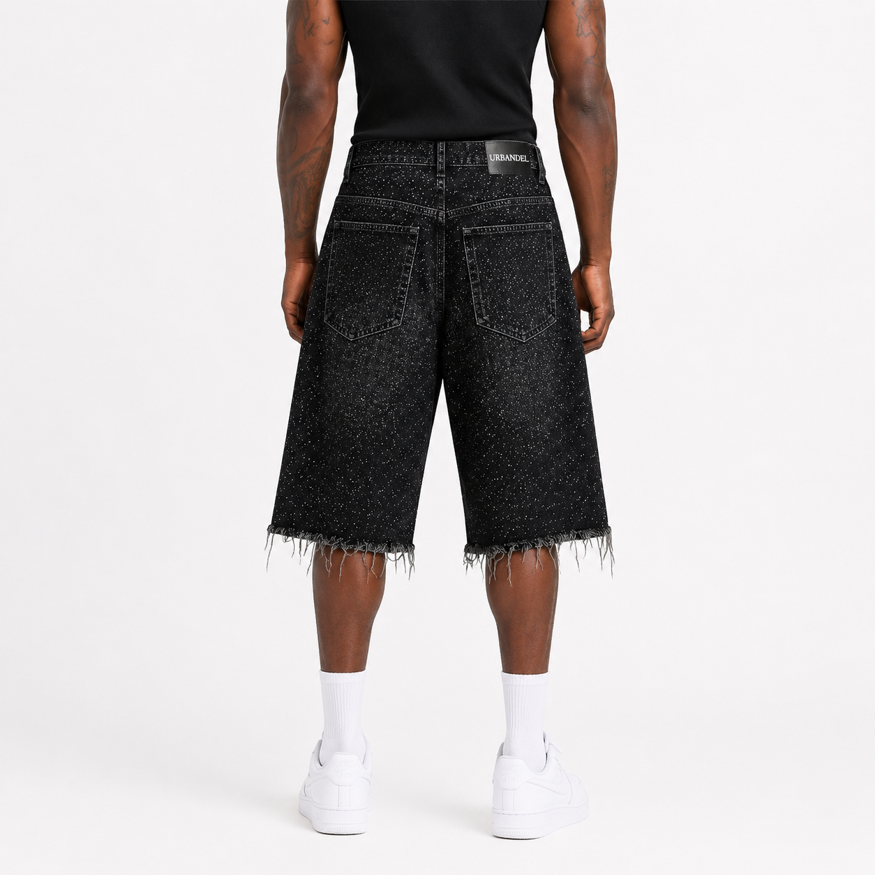 Midnight Speckle” Distressed Denim Shorts