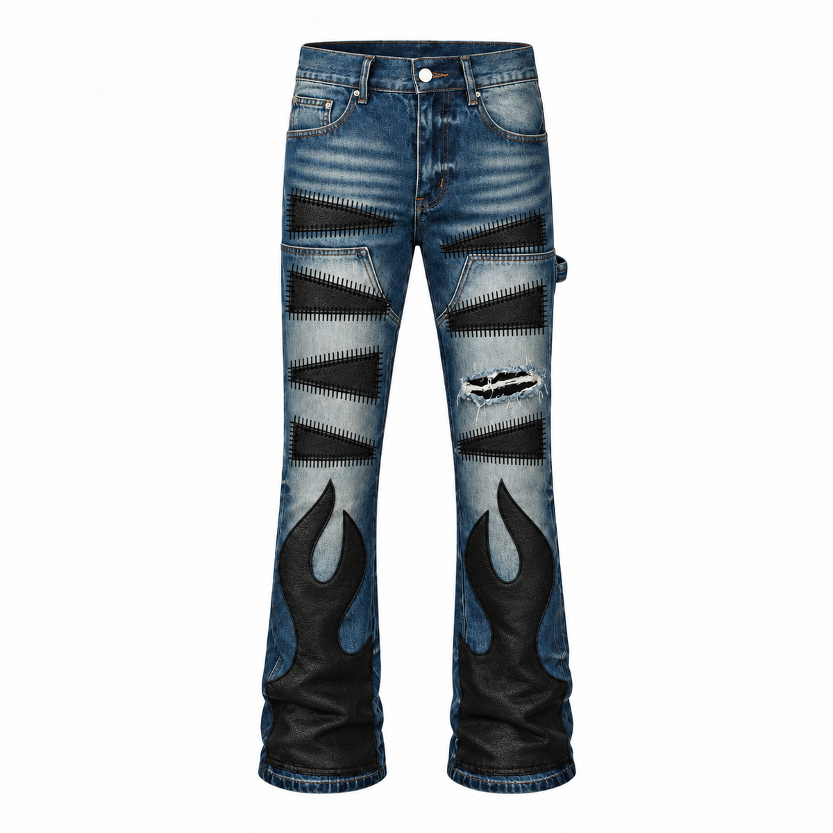 Black Flame Leather Patch Stacked Denim – Vintage Blue