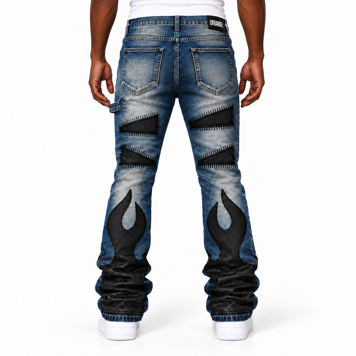 Black Flame Leather Patch Stacked Denim – Vintage Blue