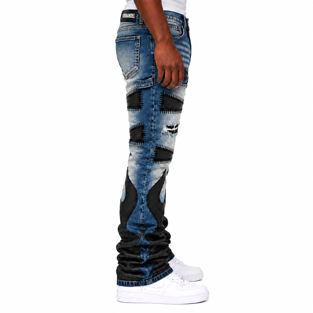 Black Flame Leather Patch Stacked Denim – Vintage Blue