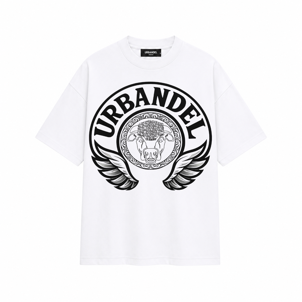 A white short-sleeve crewneck t-shirt featuring a large black circular graphic on the front with the word 'URBANDEL' and a winged Medusa-style emblem.